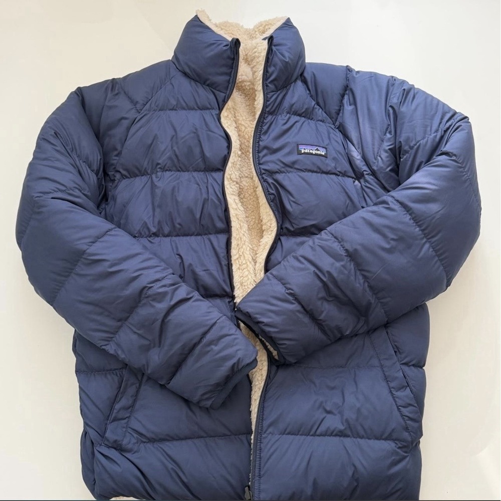 Patagonia Blue/Beige Full Zip Puffer Jacket Stand-Up Collar Regular Fit